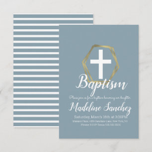 Invitation Baptême Bleu Or Dédicace Christening