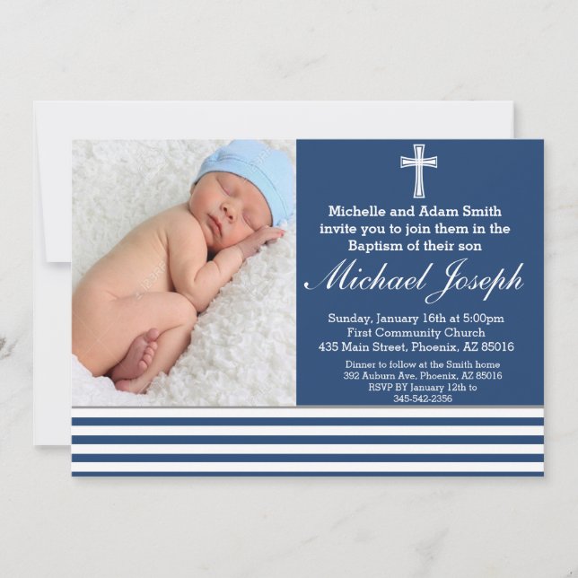 Invitation Baptême Bleu Religieux Blanc Garçon Baptiser Croix (Devant)