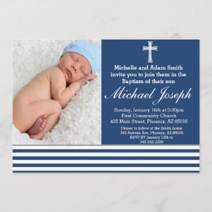 Invitation Baptême Bleu Religieux Blanc Garçon Baptiser Croix
