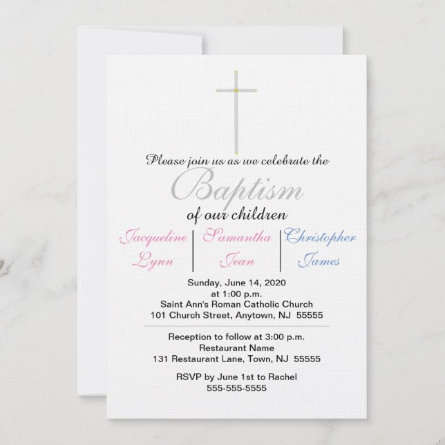 Invitation Baptême bleu rose Triplets (Devant)