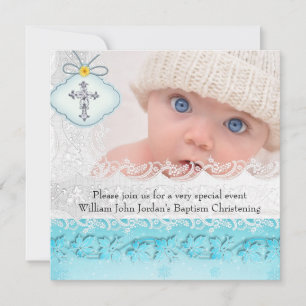 Invitation Baptême Bleu Sarcelle Blanc Dentelle Photo Bijou C