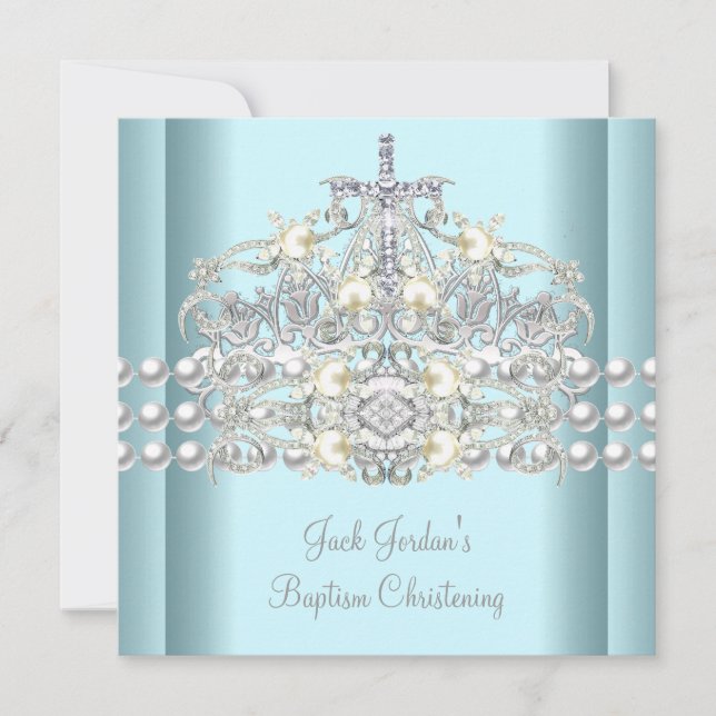 Invitation Baptême Bleu Tiara Argent Blanc Pearl Diamant (Devant)