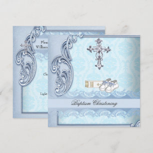 Invitation Baptême Bleu Turquoise Croix Garçon Damassé