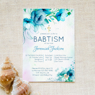 Invitation Baptême bleu turquoise fleurs vert garçon baptême