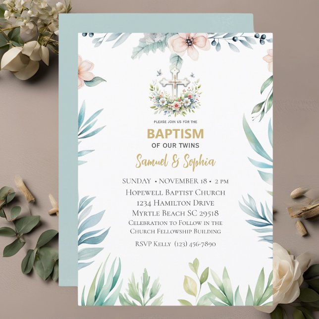 Invitation Baptême Blue rose Floral Cross jumeaux (Créateur téléchargé)