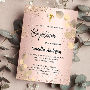 Invitation Baptême blush eucalyptus or parties scintillant lu