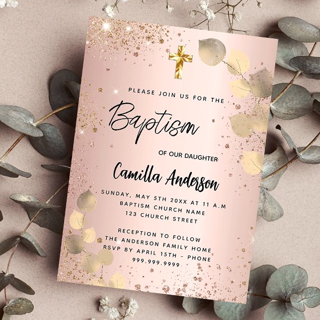Invitation Baptême blush eucalyptus or parties scintillant lu (Créateur téléchargé)