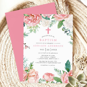 Invitation Baptême botanique croix élégante roses peonies