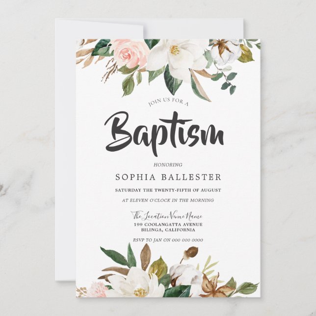 Invitation Baptême botanique moderne et blanc floral (Devant)