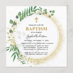 Invitation Baptême Botanique Vert Et Or