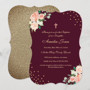 Invitation Baptême Bourgogne Or Floral Confetti
