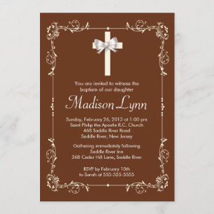 Invitation Baptême Brown Croix élégante du Christ