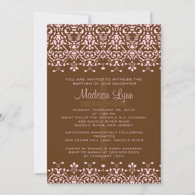 Invitation Baptême Brown et rose Damas (Devant)