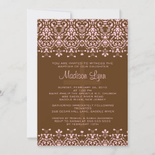 Invitation Baptême Brown et rose Damas