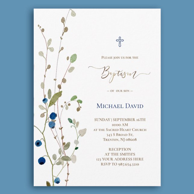 Invitation Baptême buisson bilberry aquarelle feuillage (Créateur téléchargé)