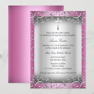 Invitation Baptême/Cathéchisme Tourbillon Argent Rose & Croix
