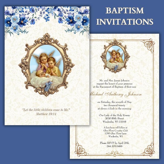 Invitation Baptême catholique Angels de baptême Floral (Créateur téléchargé)
