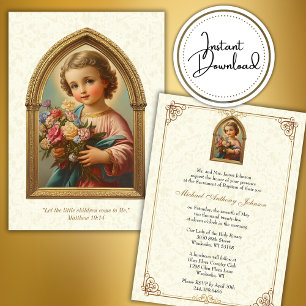 Invitation Baptême catholique Christening Floral Enfant Jésus