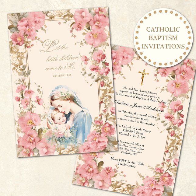 Invitation Baptême catholique Christening rose Floral Mary (Créateur téléchargé)