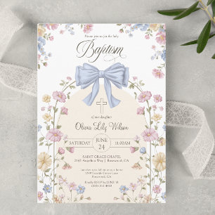 Invitation Baptême chrétien de fille Pastel arc-en-ciel Fleur