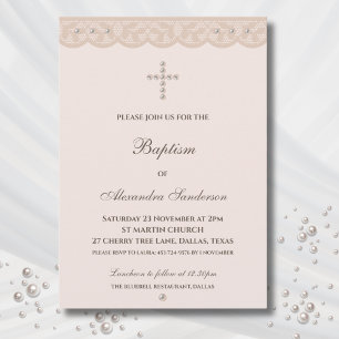 Invitation Baptême chrétien élégant beige Croix