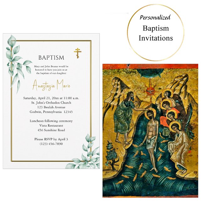 Invitation Baptême Chrétien Orthodoxe Eucalyptus Rustique (Créateur téléchargé)