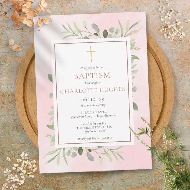 Invitation Baptême Christening Aquarelle Verdure Rose Or (Baptism Christening Watercolor Greenery Rose Gold Invitation)