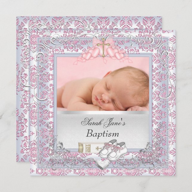 Invitation Baptême Christening Bébé Fille Blanc Rose (Devant / Derrière)