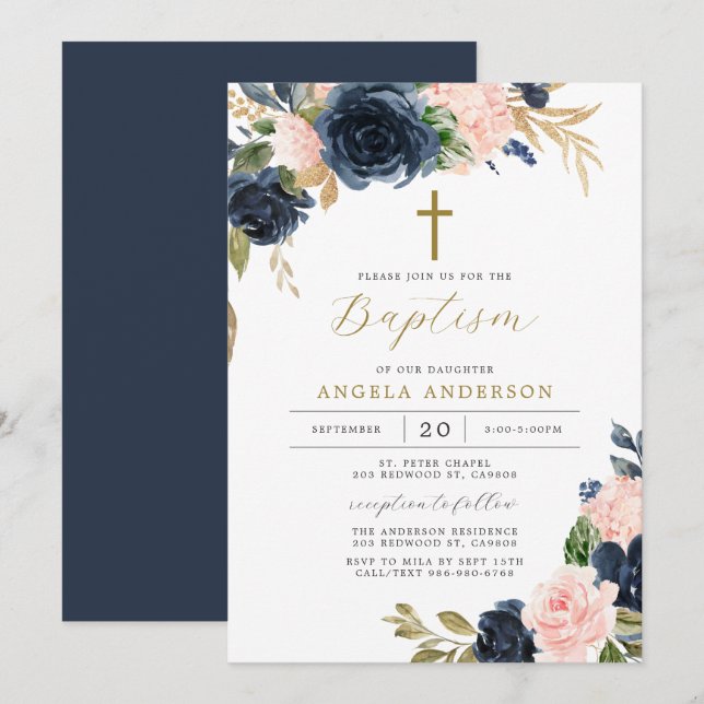 Invitation Baptême/Christening Blush de la Marine (Devant / Derrière)