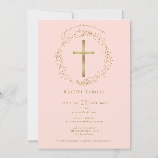Invitation Baptême Christening Blush Pink Gold Cross Floral (Devant)