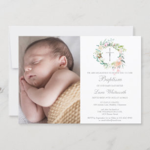 Invitation Baptême Christening Couronne Florale Photo