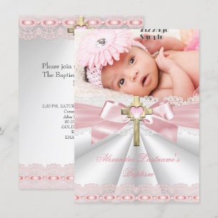Invitation Baptême Christening Croix Or Filles Rose
