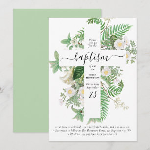 Invitation Baptême Christening Cross Green Genre Neutre