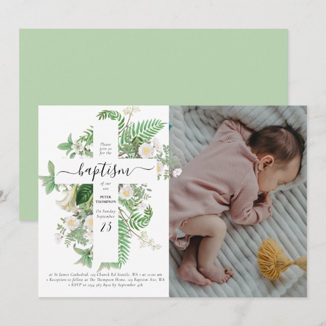 Invitation Baptême Christening Cross Green Photo personnalisé (Devant / Derrière)