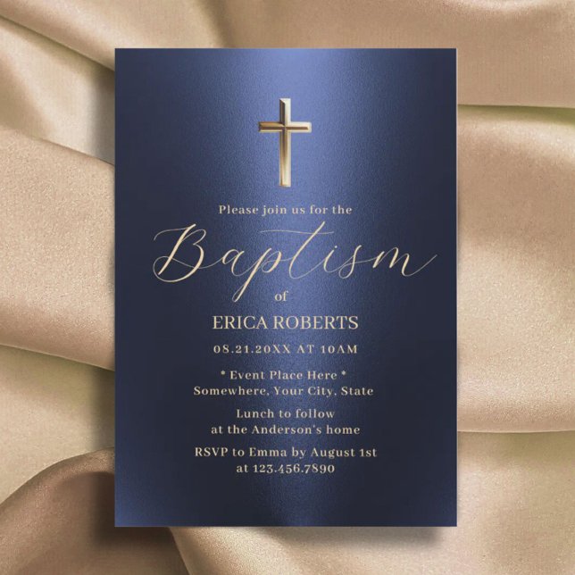 Invitation Baptême Christening Cross Moderne Marine Bleu & Or (Créateur téléchargé)