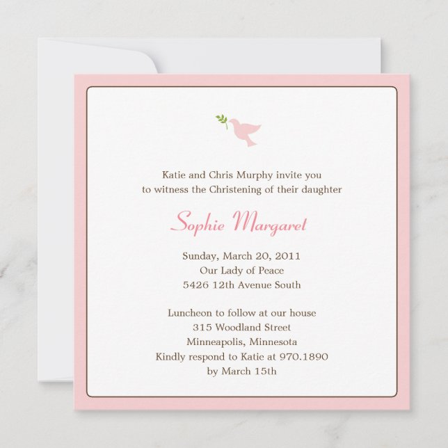 Invitation Baptême/Christening Dove Rose (Devant)