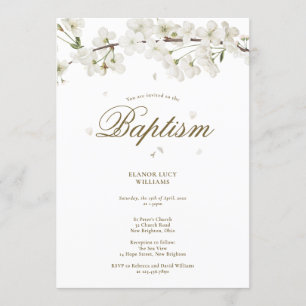 Invitation Baptême Christening Elégant Fleur Blanche Florale