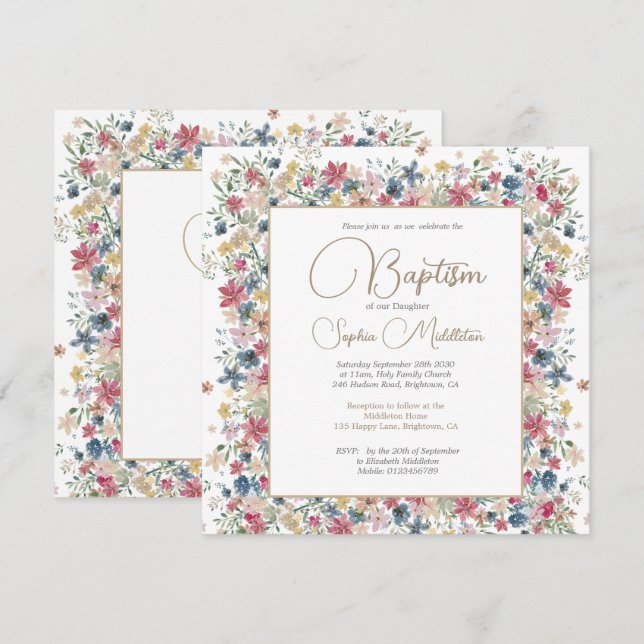 Invitation Baptême Christening Élégant Floral Religieux (Devant / Derrière)