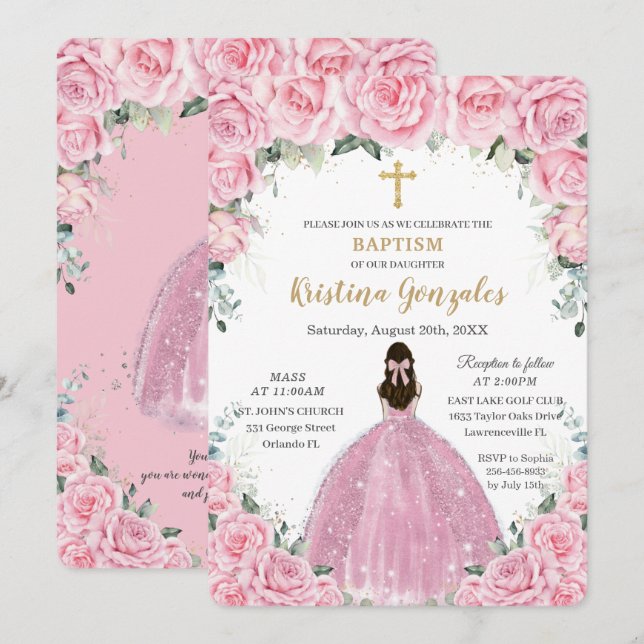 Invitation Baptême Christening Girl rose Floral Gold Cross (Devant / Derrière)
