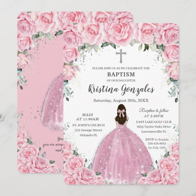 Invitation Baptême Christening Girl rose Floral Silver Cross (Devant / Derrière)