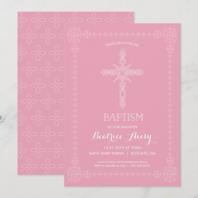 Invitation Baptême, Christening Girl'invitation Croix élégant (Devant / Derrière)