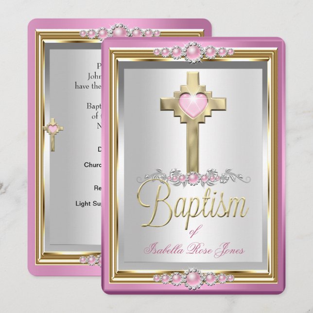Invitation Baptême Christening Girls Cross Pink Pearl (Devant / Derrière)
