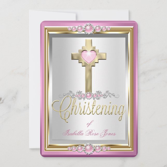 Invitation Baptême Christening Girls Cross Pink Pearl 2 (Devant)