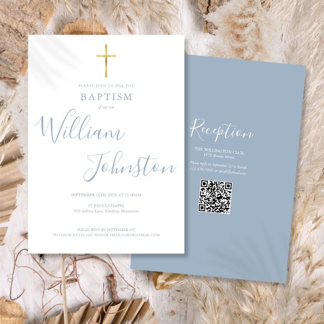 Invitation Baptême Christening Gold Cross Dusty Blue QR Code (Baptism Christening Gold Cross Dusty Blue QR Code Invitation)