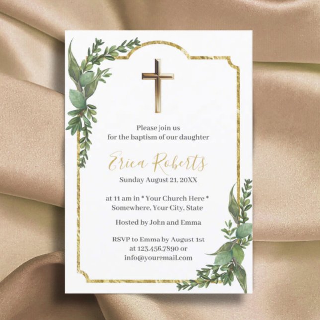 Invitation Baptême Christening Gold Cross Élégant Botanique (Créateur téléchargé)