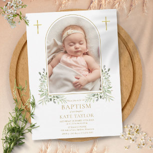 Invitation Baptême Christening Green Arc Or Photo