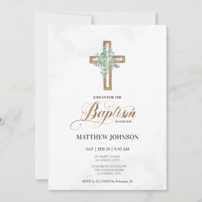 Invitation Baptême Christening Green Cross Élégant Script (Devant)