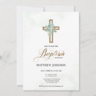 Invitation Baptême Christening Green Cross Élégant Script