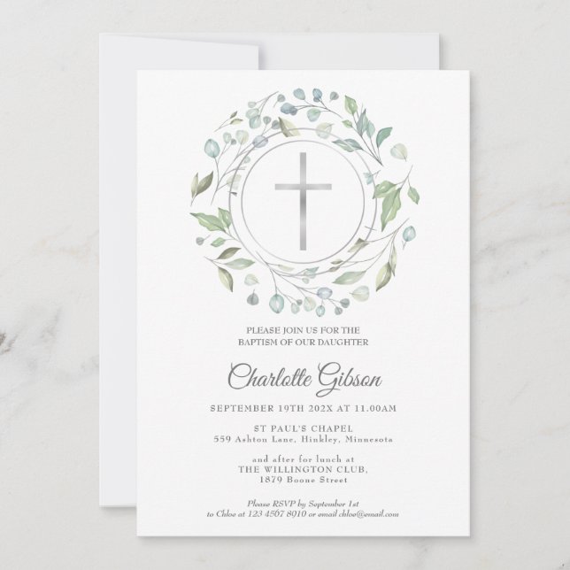 Invitation Baptême Christening Laurel Garland Silver Cross (Devant)