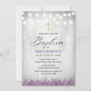 Invitation Baptême Christening Lavande Rustique Floral